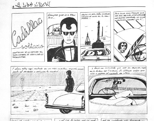 Fragment del còmic basat en la cançó «Cadillac solitario», per Miguel A. Abadías, a 'El Lado Salvaje' (1984)