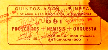 Entrada de la fiesta de Quintos de Binéfar 1994, firmada por los componentes de 091 (archivo personal de Agustín Aquilué Frago, vía Juanjo González)