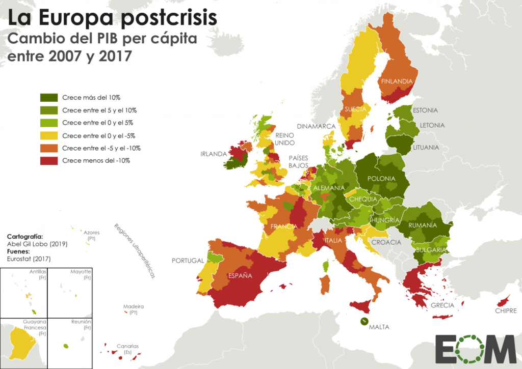 Unión Europea: cambio PIB per cápita entre 2007 y 2017